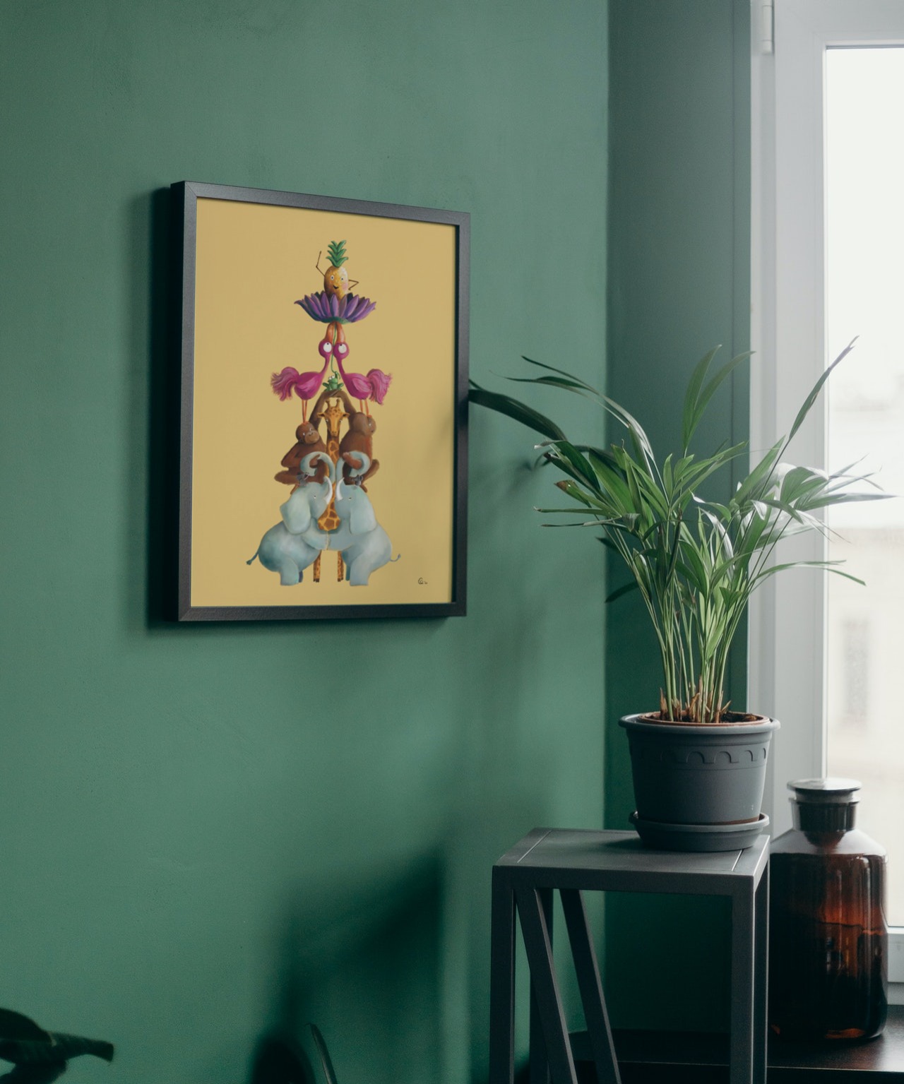 Kinderkamerposter op maat. Dierentoren. Olifanten, chimpansees, giraf, kikker, flamingo, ananas. Vrolijke kinderkamerposter, kinderkamerdecoratie