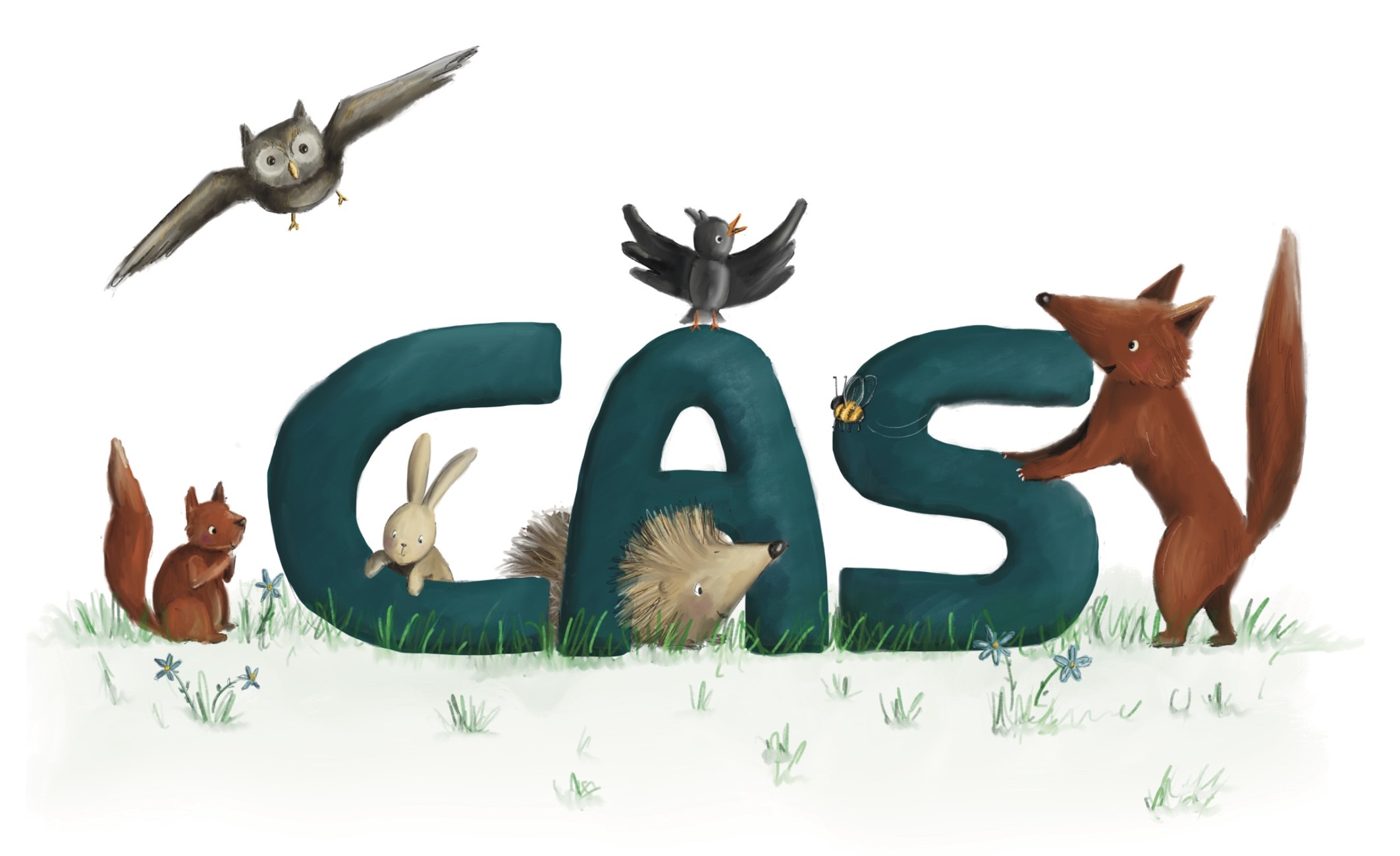 Geboortekaartje op maat met bosdieren rondom de naam van het kind. Cas met eekhoorn, egel, uil, konijn, merel, bij, vos. Uniek en origineel geboortekaartje ontwerp