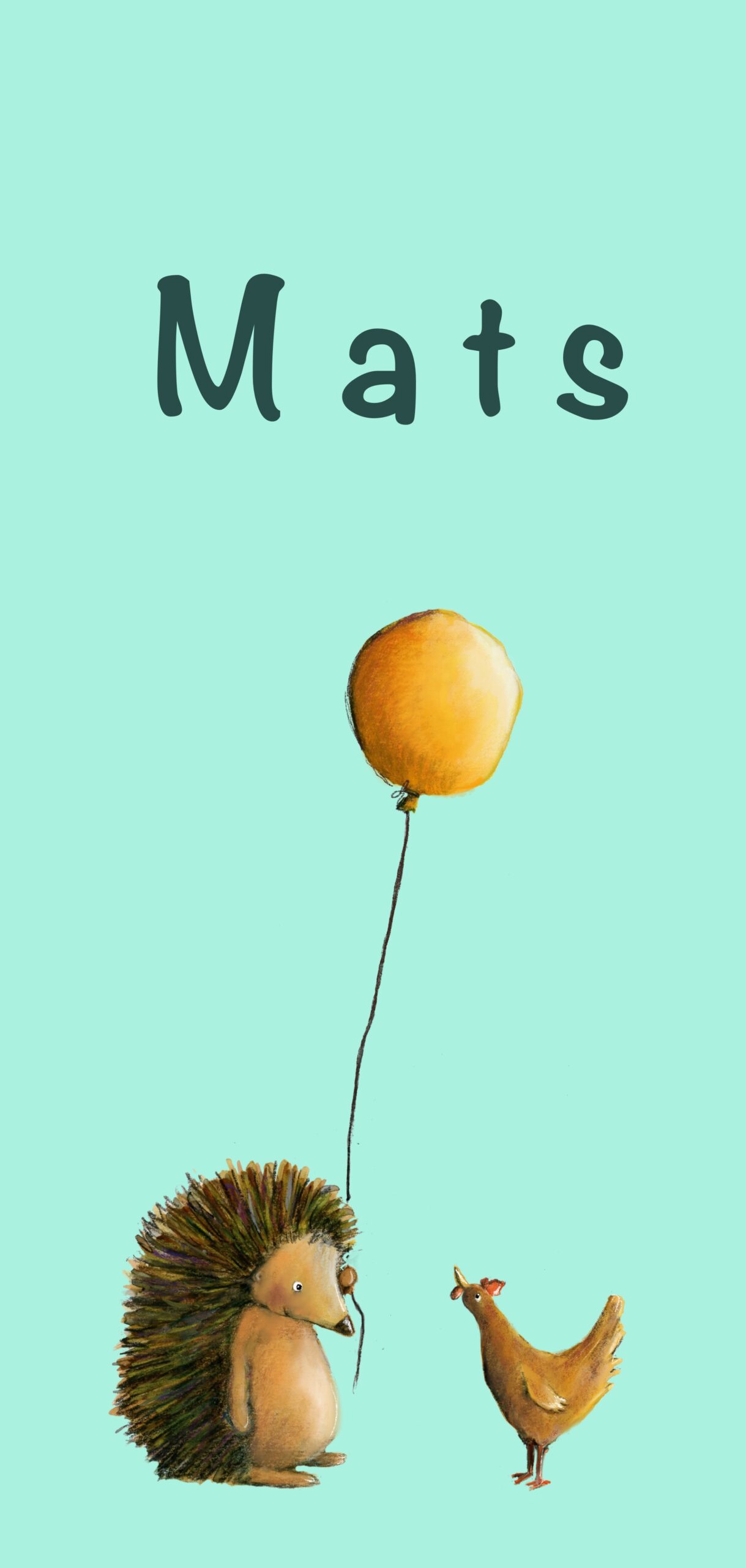 Uniek met de hand getekend geboortekaartje op maat voor Mats. Egel en kip met ballon. Simpel geboortekaartje, eenvoudig vrolijk geboortekaartje. Langwerpig geboortekaartje.