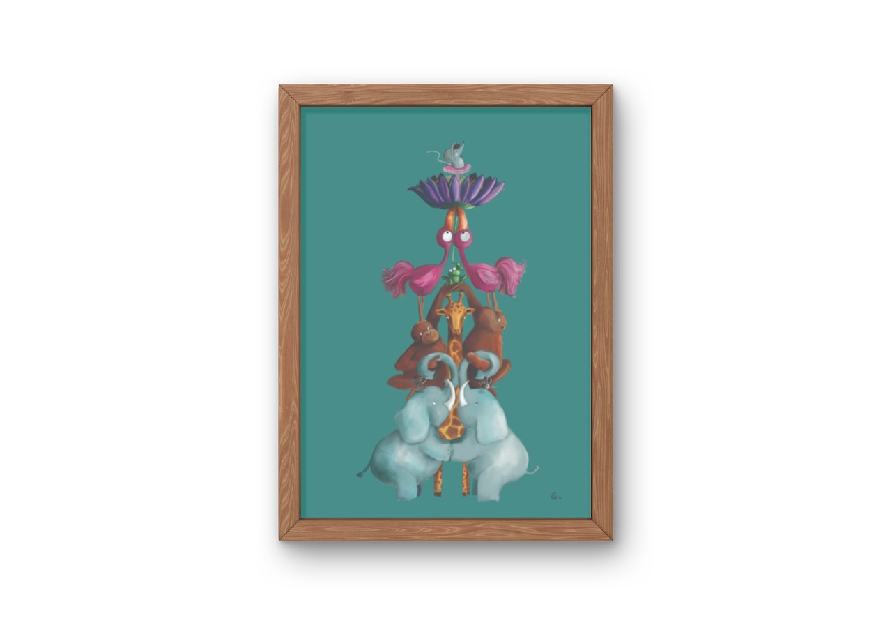 Poster A3 van een vrolijke dierentoren. Leuke poster voor kinderkamer. Toren van olifanten, giraf, chimpansees, kikker, flamingos, bloem en muis